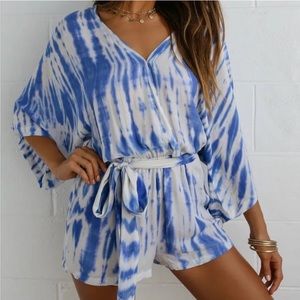 LULU’S Seaside Gale Coveted Curated Collected Tie Dye Blue White Romper Size S